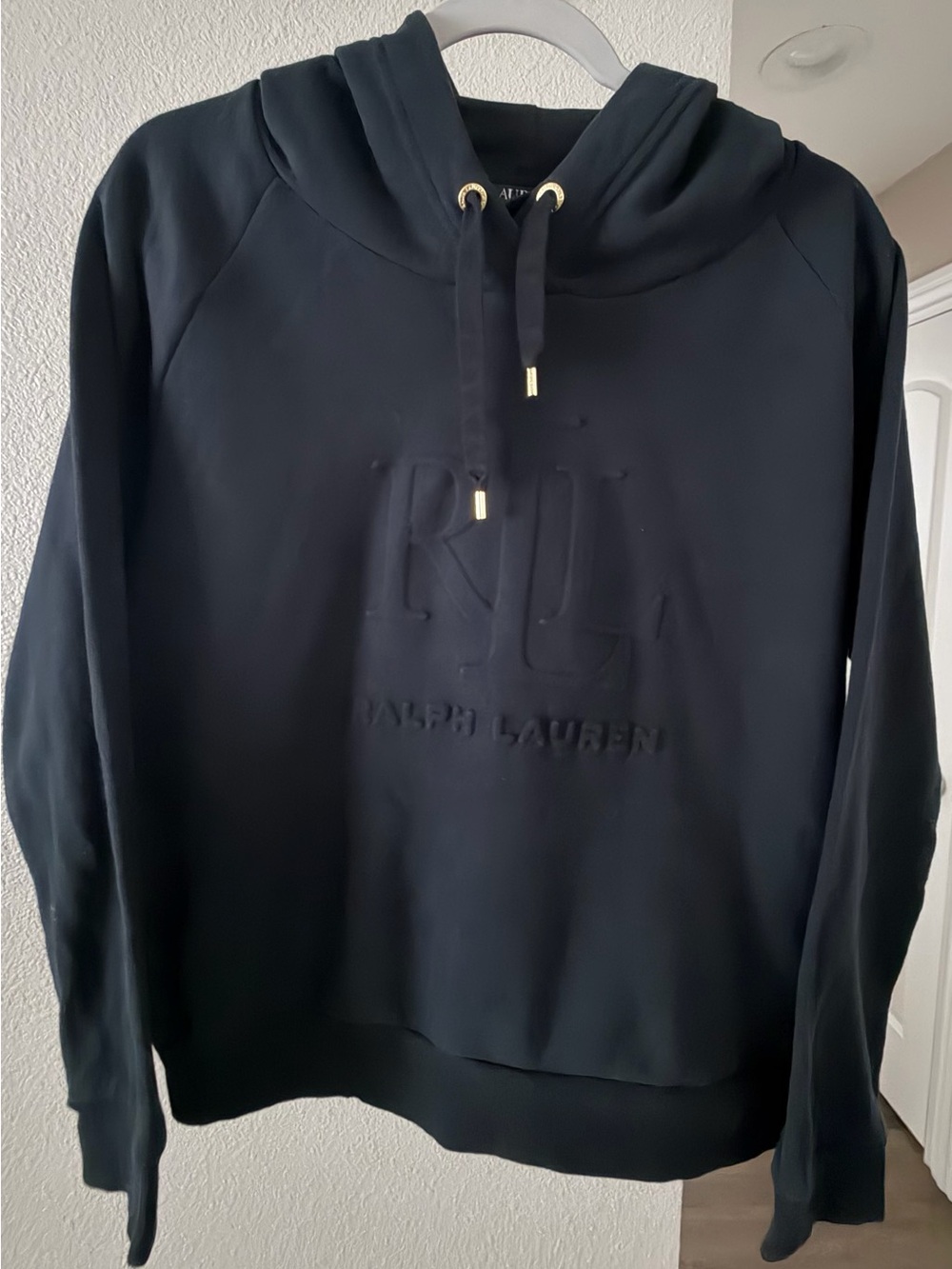 Ralph Lauren Men's Black Crewneck Hoodie with Embossed Logo